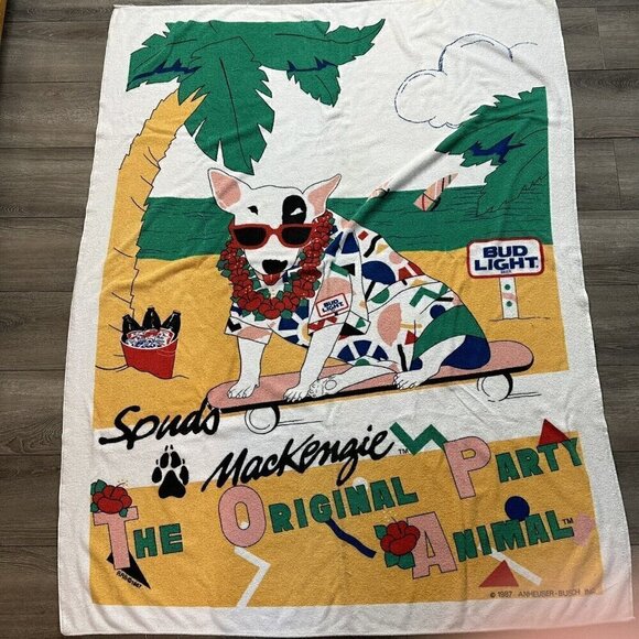 Vintage 80s Bud Light Spuds Mackenzie Party Animal  Huge Towel Budweiser 50X65 - Picture 1 of 8